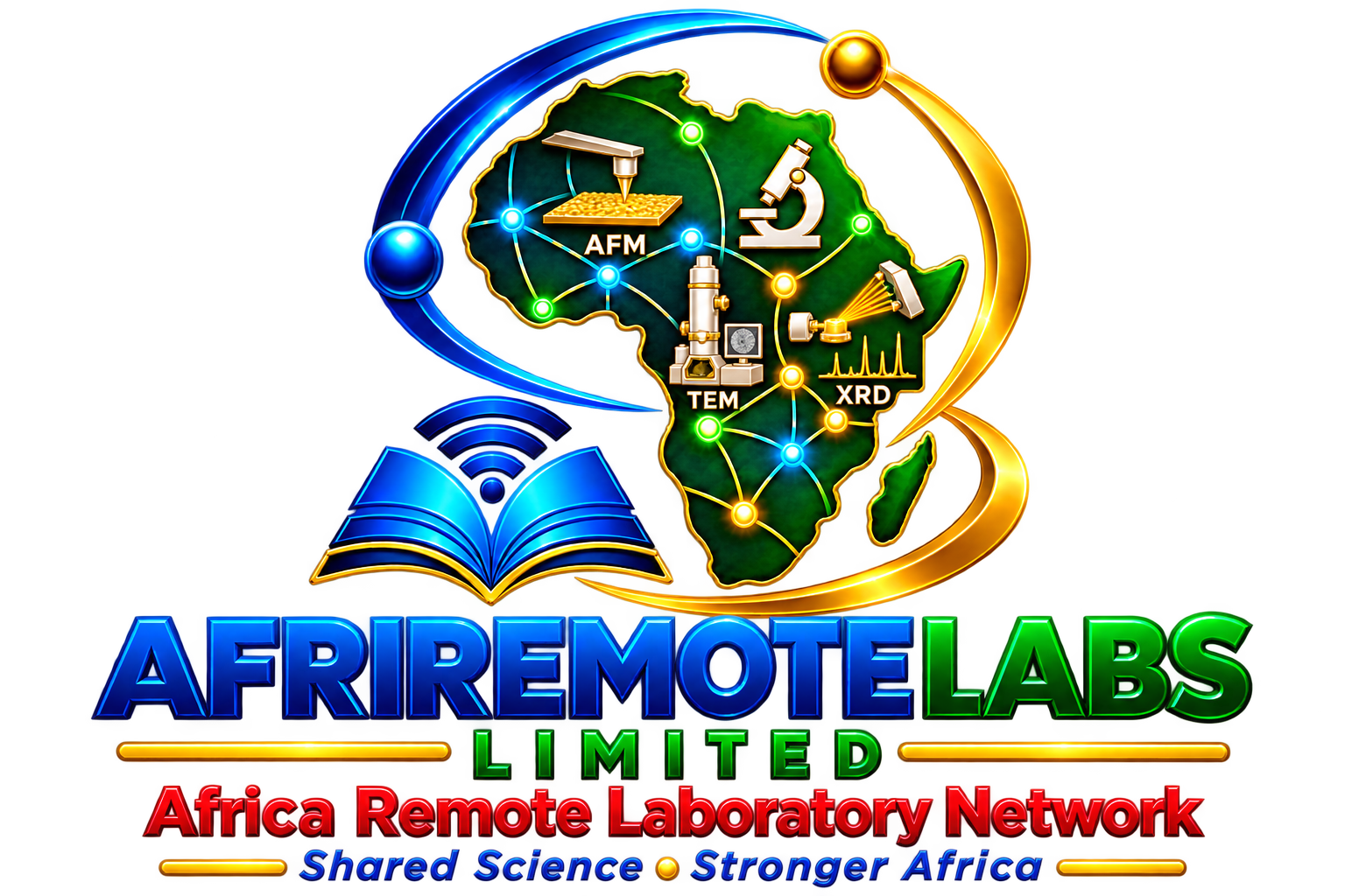 Afriremote Labs Limited logo featuring Africa, AFM, TEM, XRD and connected scientific instrumentation